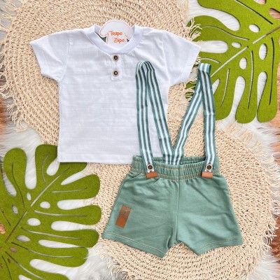 Conj. Camiseta e Bermuda com Suspensório - Branco e Verde 